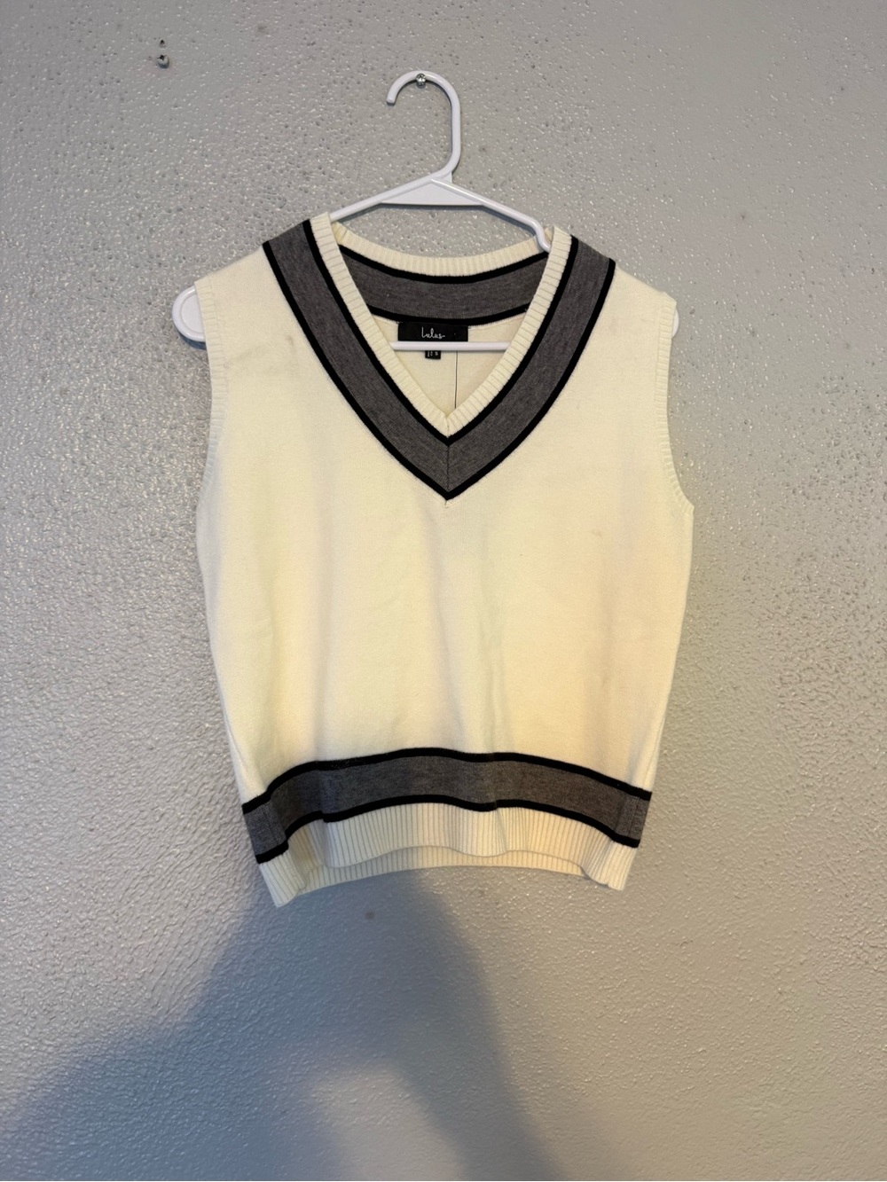 Lulu's Cream V-Neck Sweater Vest with Gray & Black Stripes